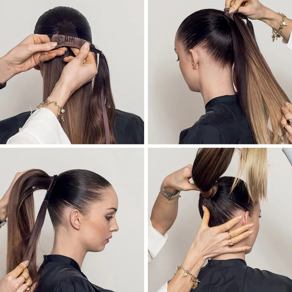 Human Hair Ponytail Extensions – Straight Brazilian Remy, 14–24", Clip-In Wrap