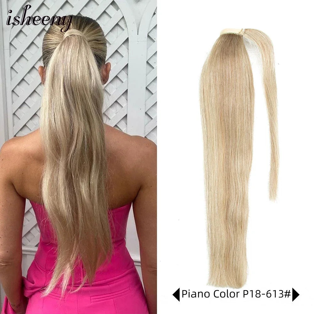 Human Hair Ponytail Extensions – Straight Brazilian Remy, 14–24", Clip-In Wrap