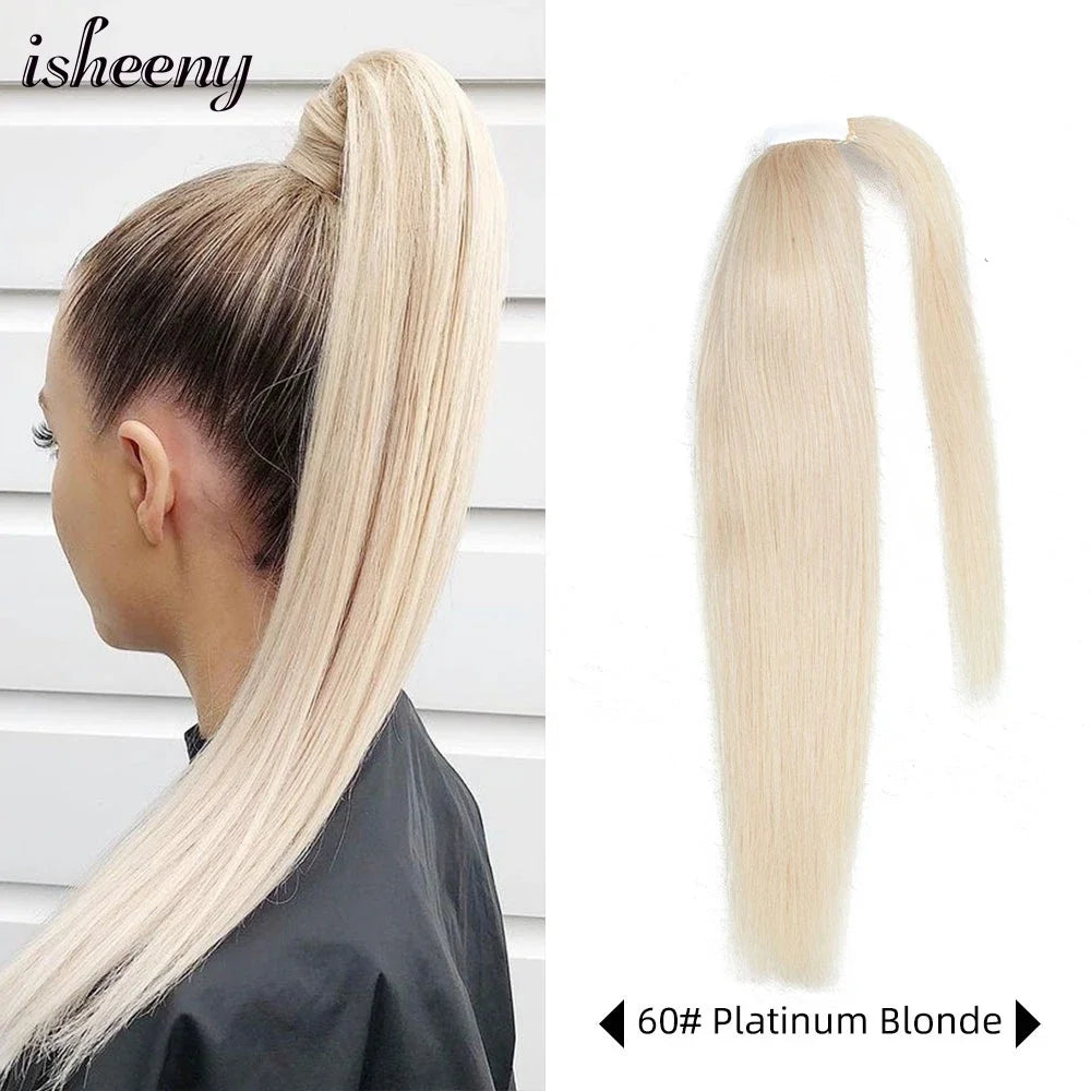 Human Hair Ponytail Extensions – Straight Brazilian Remy, 14–24", Clip-In Wrap