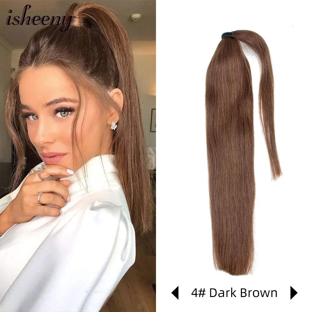 Human Hair Ponytail Extensions – Straight Brazilian Remy, 14–24", Clip-In Wrap