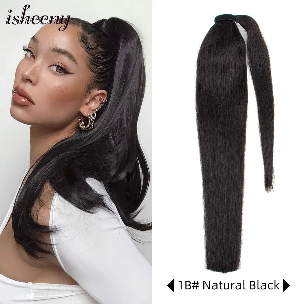 Human Hair Ponytail Extensions – Straight Brazilian Remy, 14–24", Clip-In Wrap