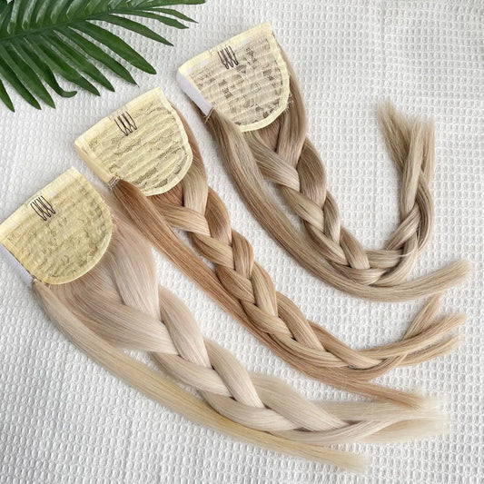 Human Hair Ponytail Extensions – Straight Brazilian Remy, 14–24", Clip-In Wrap