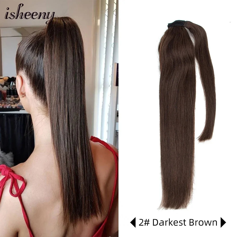 Human Hair Ponytail Extensions – Straight Brazilian Remy, 14–24", Clip-In Wrap