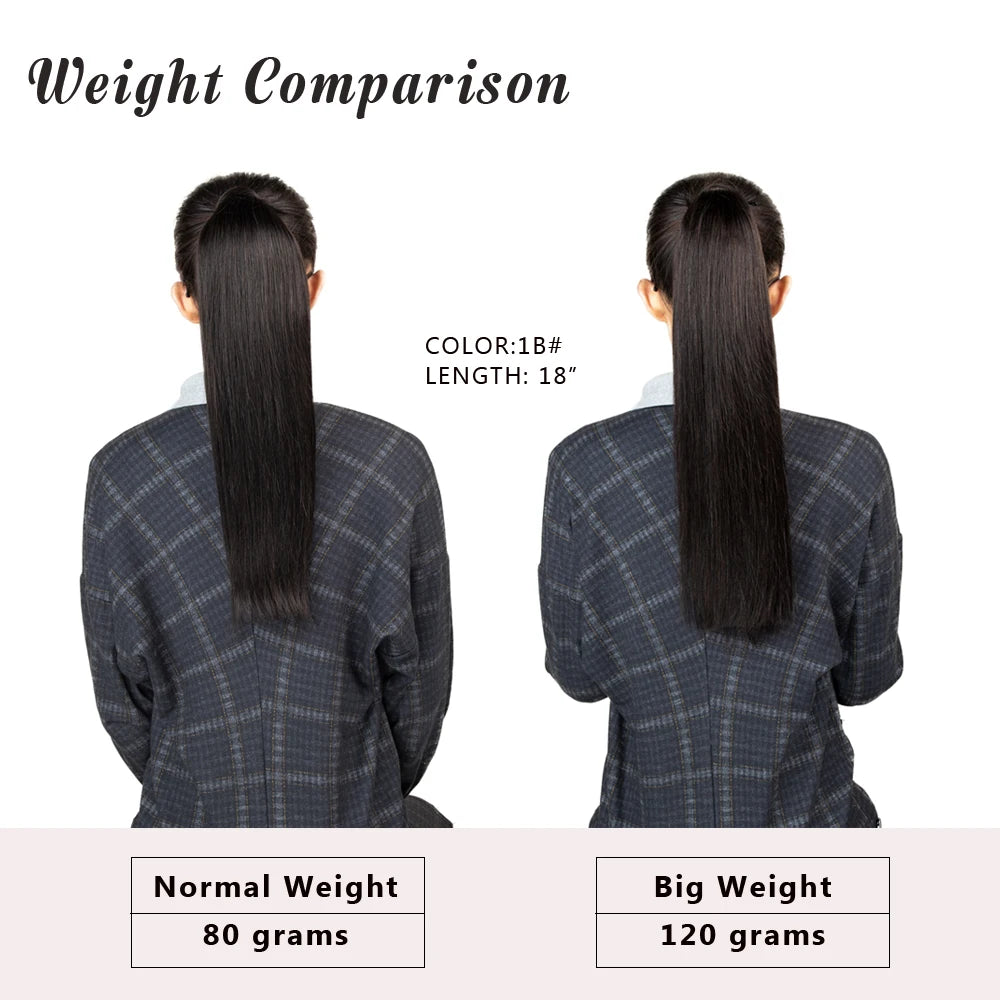 Human Hair Ponytail Extensions – Straight Brazilian Remy, 14–24", Clip-In Wrap