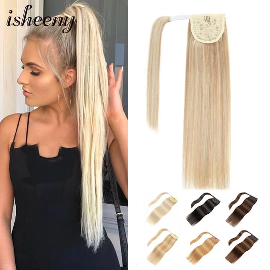 Human Hair Ponytail Extensions – Straight Brazilian Remy, 14–24", Clip-In Wrap