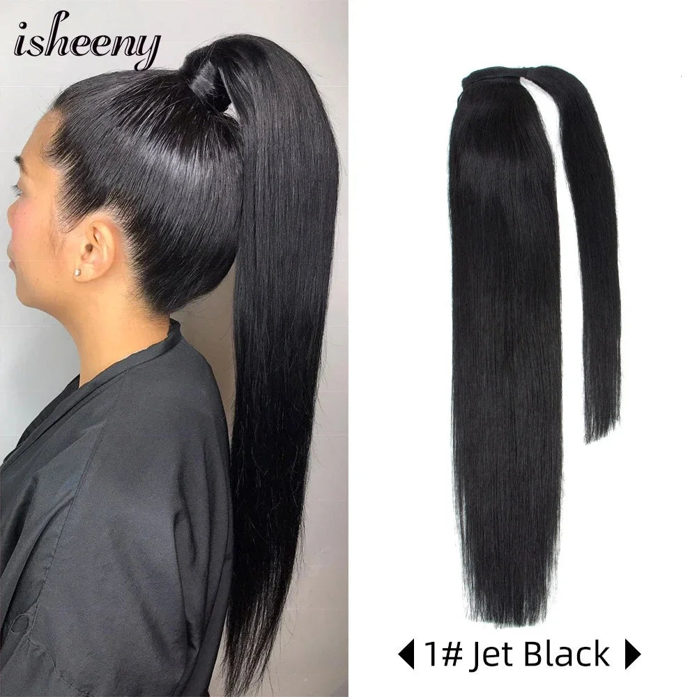 Human Hair Ponytail Extensions – Straight Brazilian Remy, 14–24", Clip-In Wrap