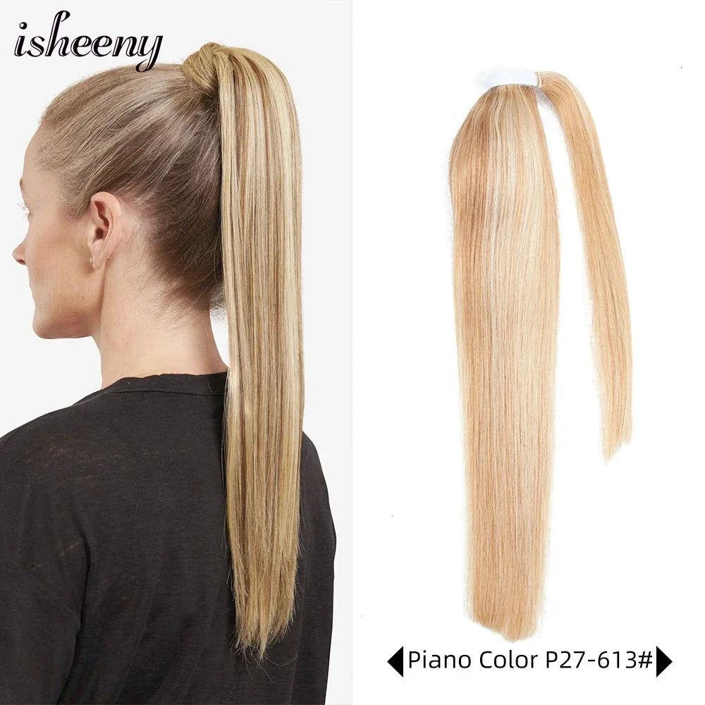 Human Hair Ponytail Extensions – Straight Brazilian Remy, 14–24", Clip-In Wrap